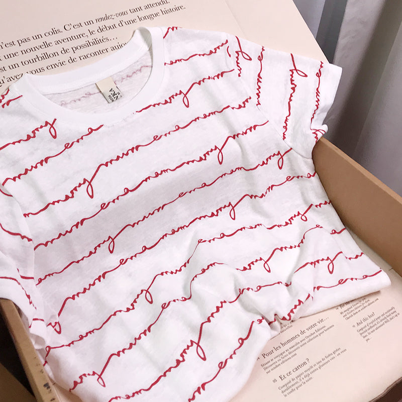 Retro Alphabet Striped Printed Short Sleeve T-shirt