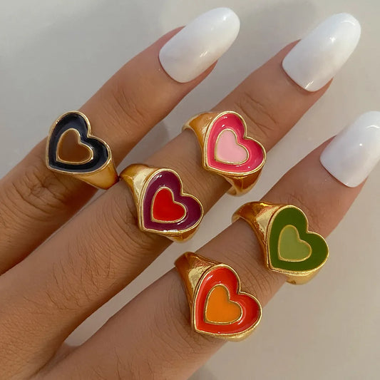 New Ins Creative Cute Colorful Double Layer Love Heart Ring Vintage Drop Oil Metal Heart Rings For Women Girls Fashion Jewelry